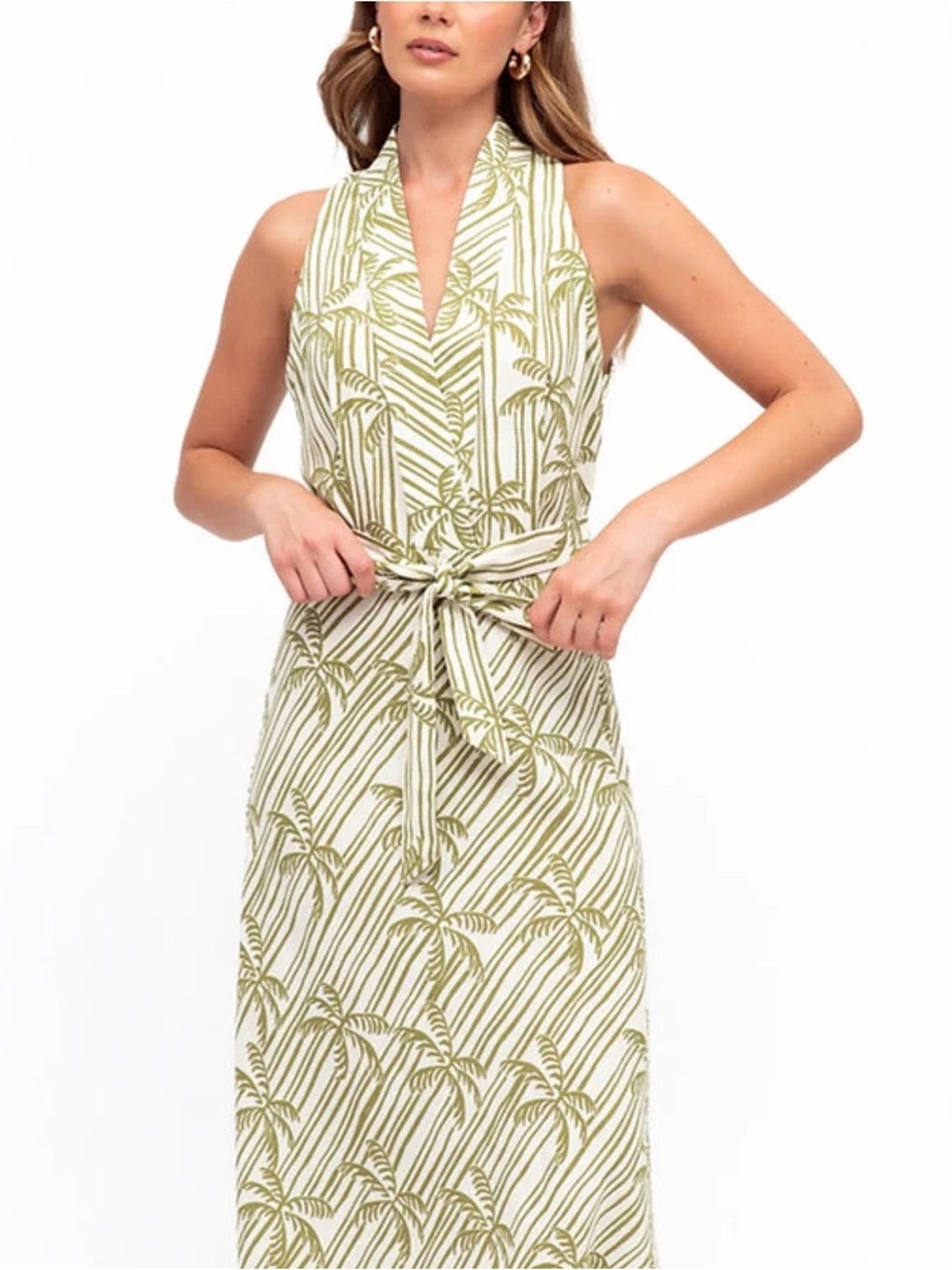 Sleeveless Palm Print Maxi Asha Dress Light Green Soft Rayon Linen Blend